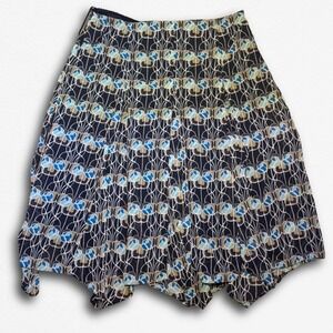 Abstract Geometric Print Handkerchief Hem Midi Skirt Blue Tan Navy Pleated